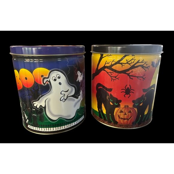 Vintage 1998 Halloween Metal Tins  Ghosts & Black Cats Design - Set Of 2 - 6" - Picture 1 of 8